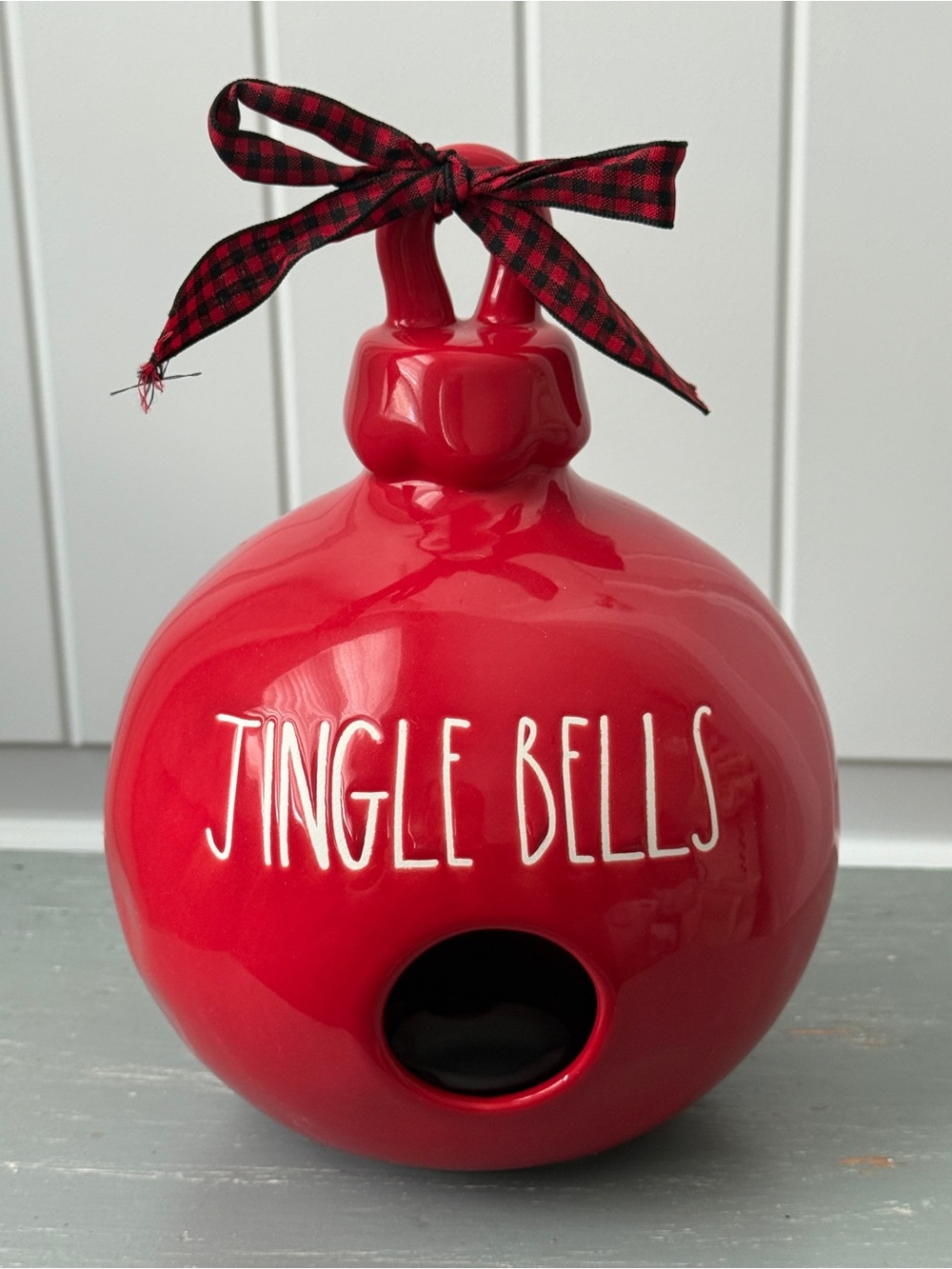 Rae Dunn JINGLE BELLS Red Christmas Ornament-Shaped Birdhouse Buffalo Plaid